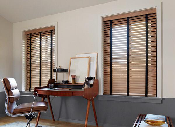 the shade store wood blinds 2 inch exotic oak wood blinds designer office centered wooden desk brown chair hero image 2021 madison 600x435 1