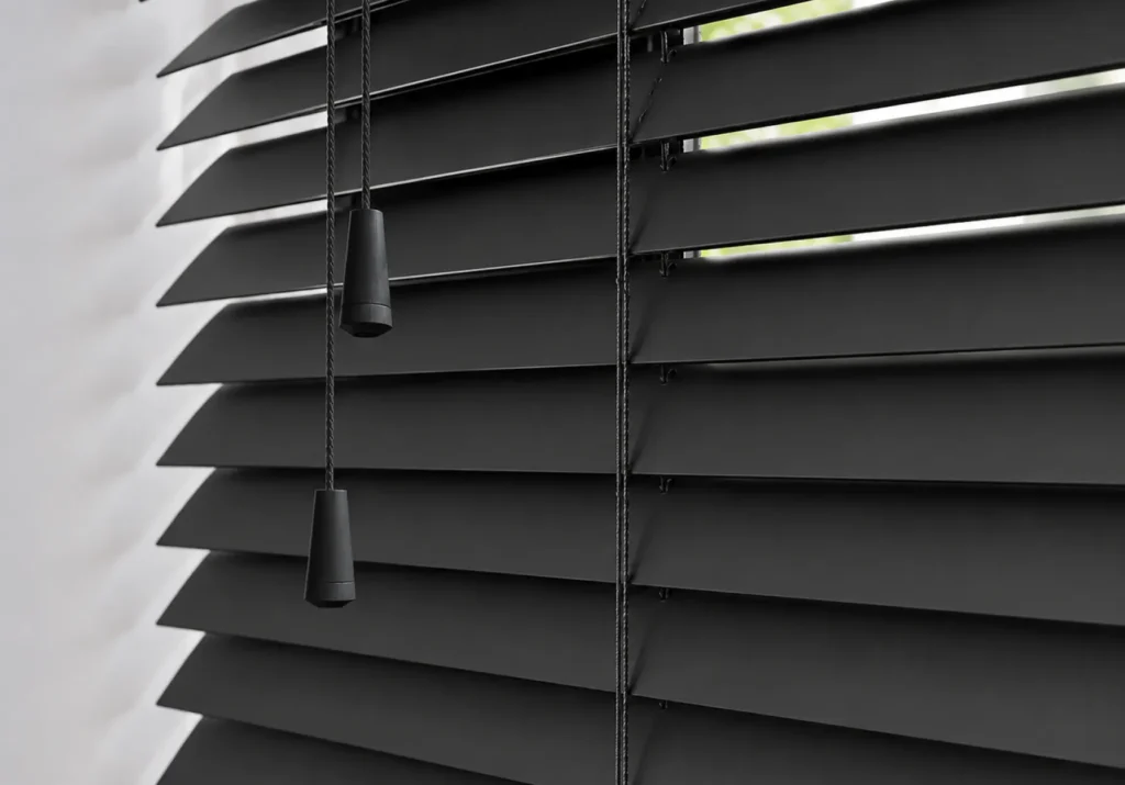 Black window blinds with pull cords