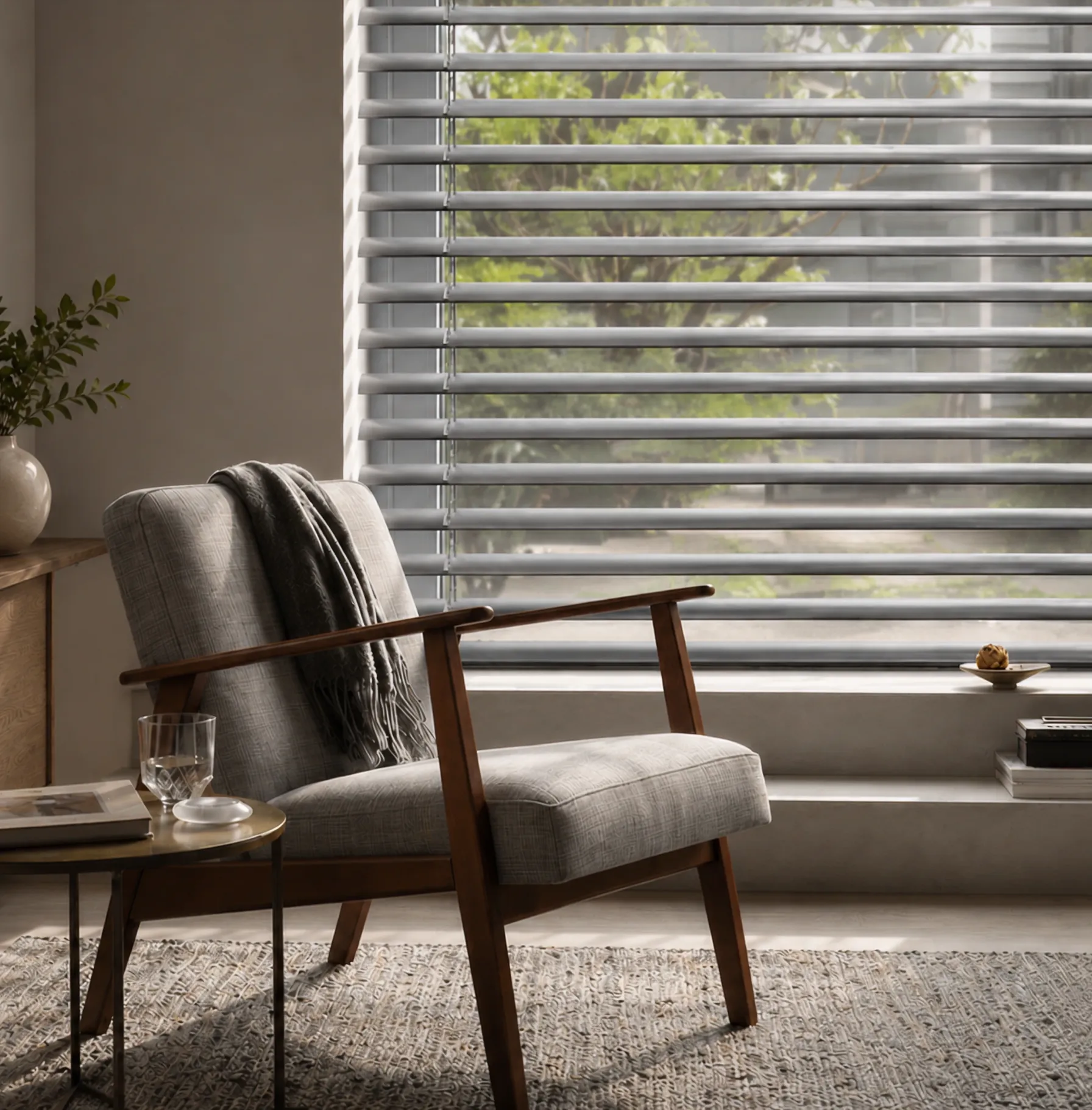 Cozy chair by window with blinds
