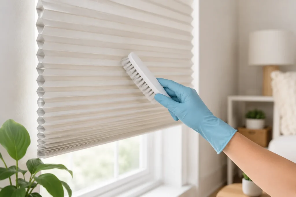 How to Clean Honeycomb Blinds: Room-by-Room Guide 9 Cleaning window blinds with brush