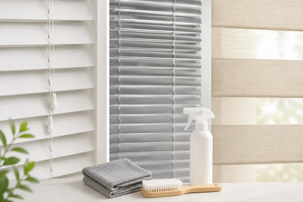 Blinds, cleaning supplies, and textures.