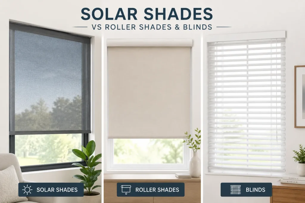 Three types of window shades displayed