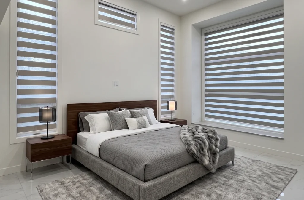 Modern bedroom with large windows
