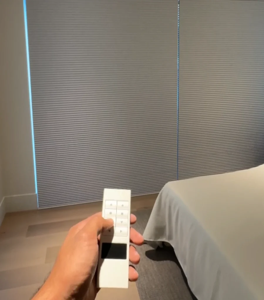Hand holding remote in bedroom