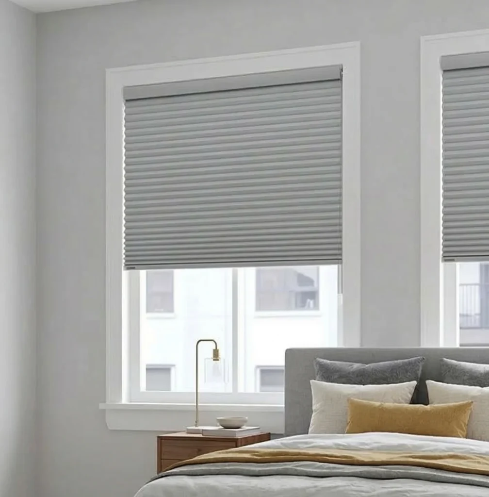 Modern bedroom with gray honeycomb blinds