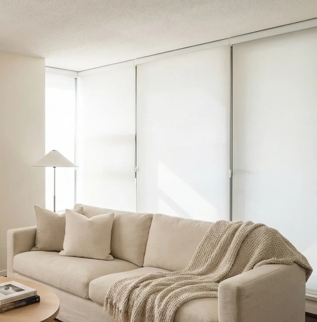 Bright, modern living room with blinds