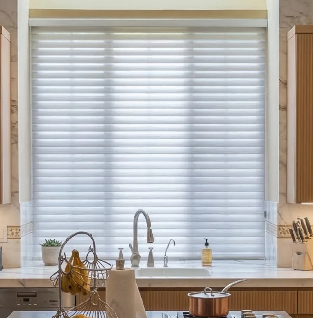 Modern kitchen with sheer window shades