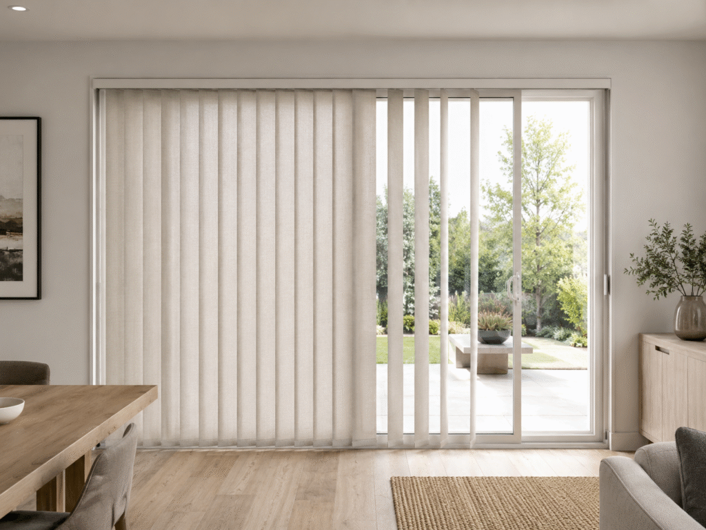 Modern room with vertical blinds open