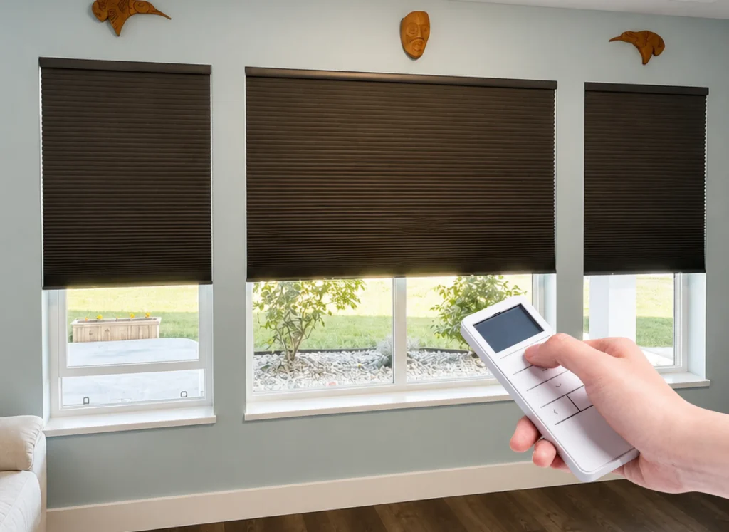 Hand holding remote near window shades