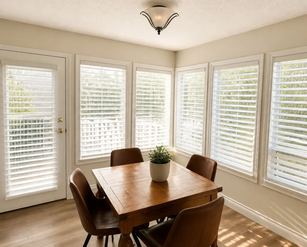 Bright dining area with wooden table