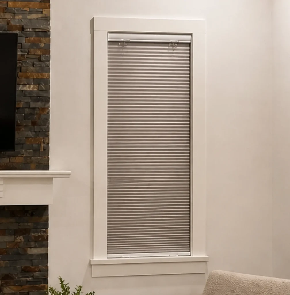 Gray honeycomb blinds in window
