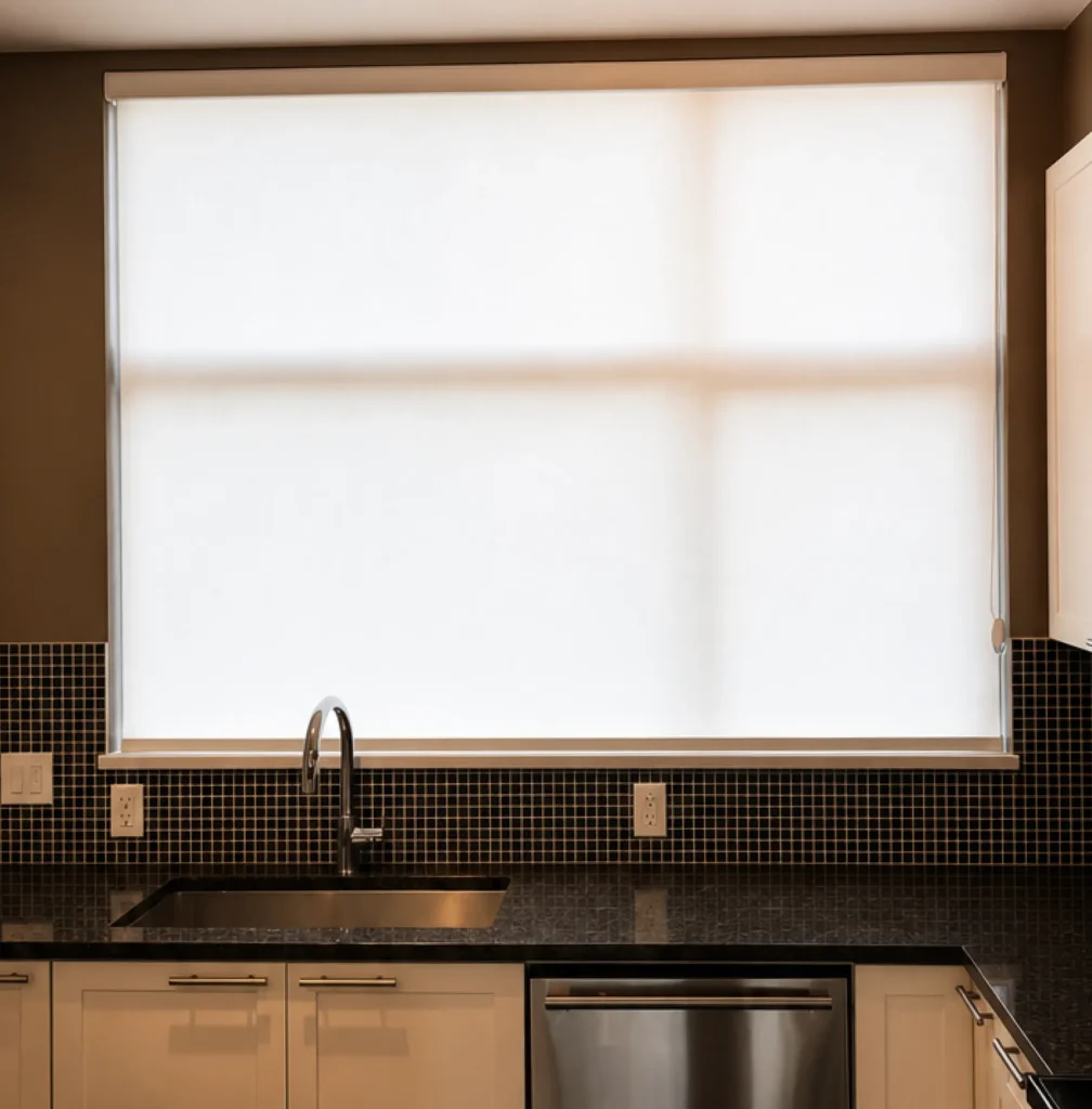 Modern kitchen with roller blinds