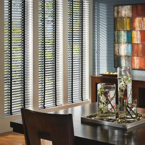 Modern dining area with window blinds