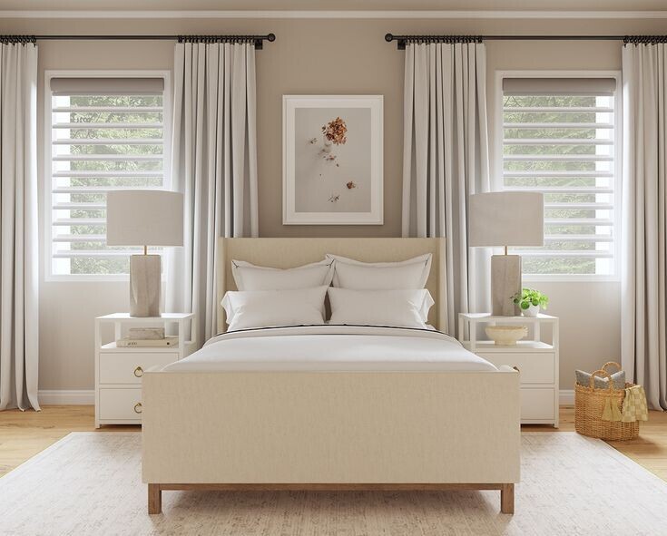 Cozy, modern bedroom with natural light.
