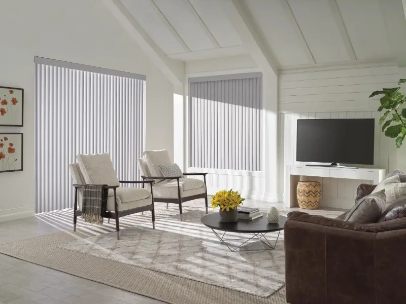 Cozy living room with vertical blinds
