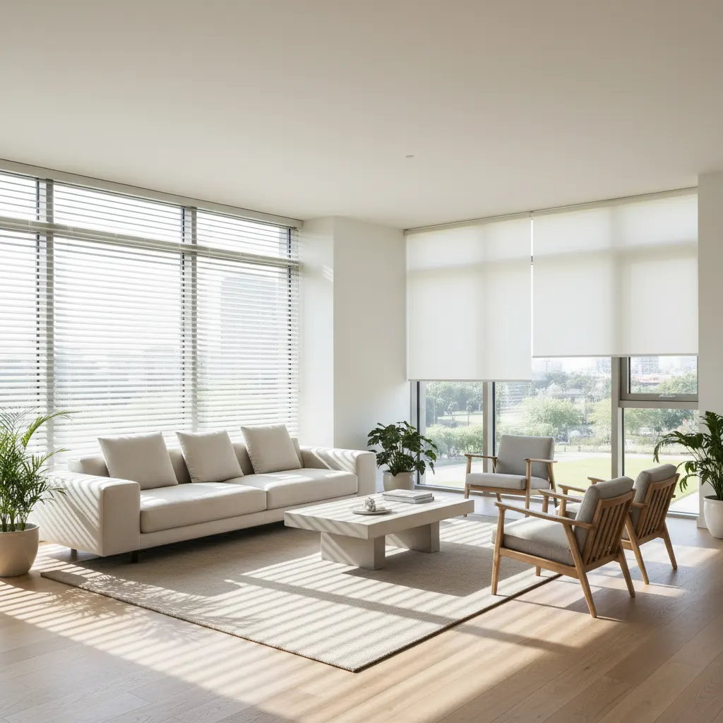 Different types of blinds for windows explained 1 Roller blinds and horizontal blinds in a bright living room