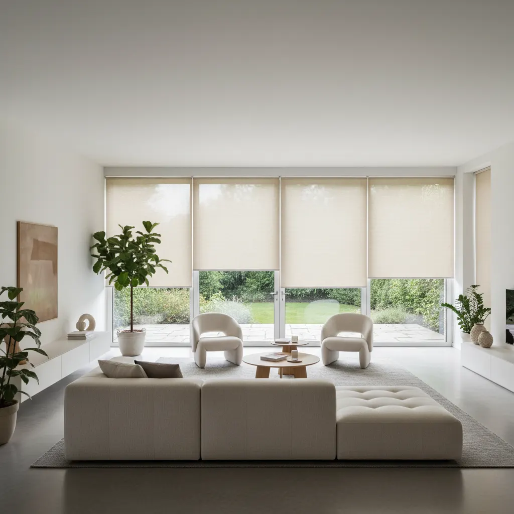 Blinds on French doors in a modern home